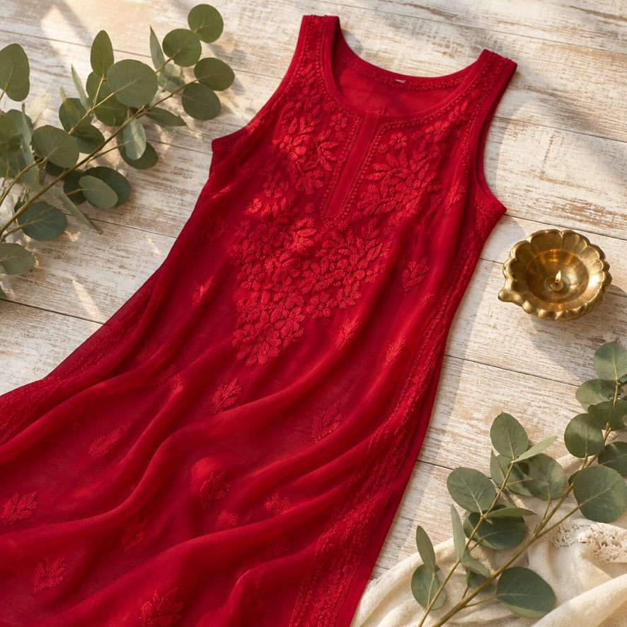 Ruby Red Lucknowi Chikankari Sleeveless Kurti