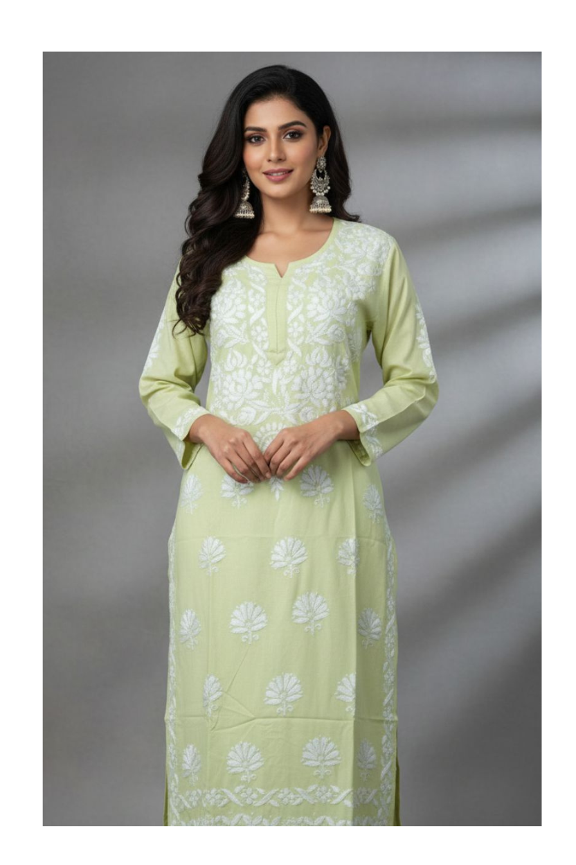 Light Green Rayon Long Chikankari Kurti with White Hand Embroidery