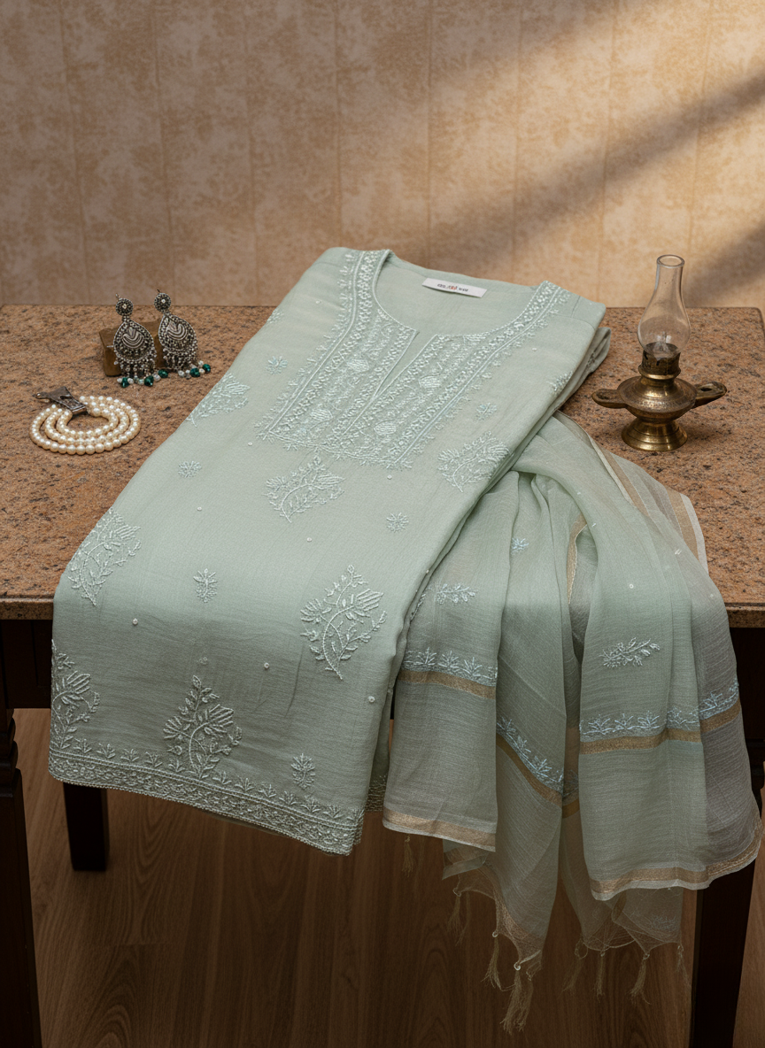 Green Mul Cotton Lucknowi Chikankari Moti Work Suit