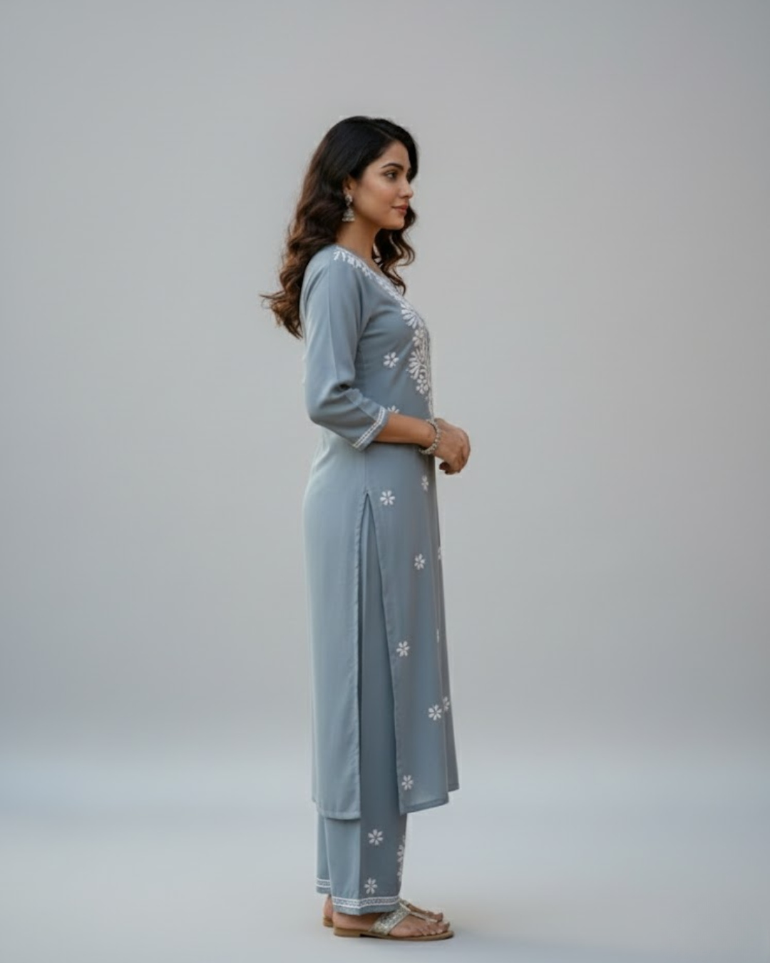 Grey Rayon Chikankari Kurta Plazzo Set