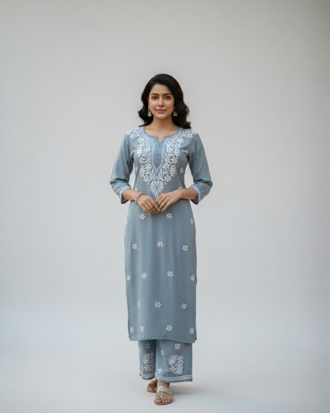 Grey Rayon Chikankari Kurta Plazzo Set