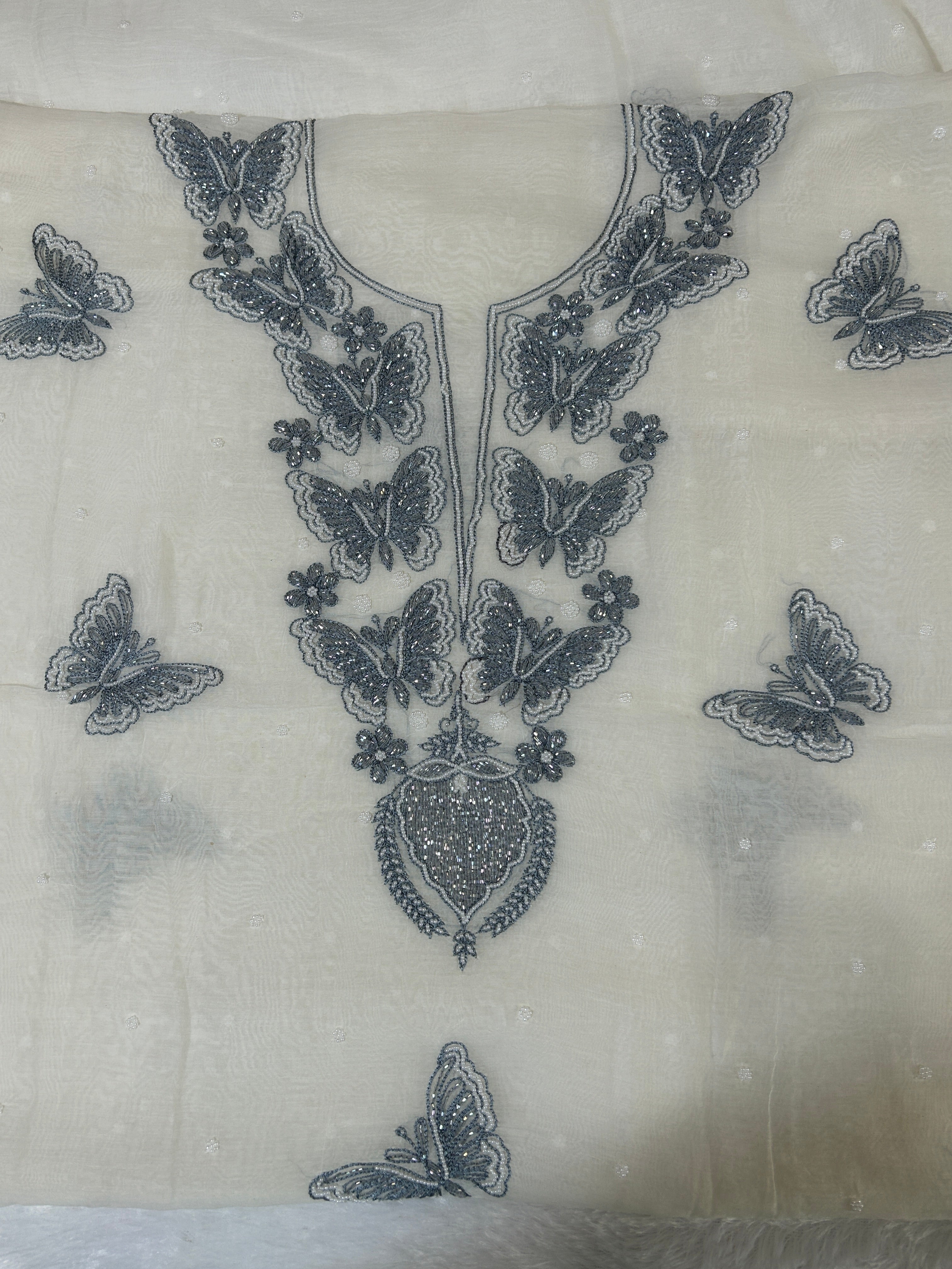 White Mul Cotton Hand-Embroidered Butterfly Suit
