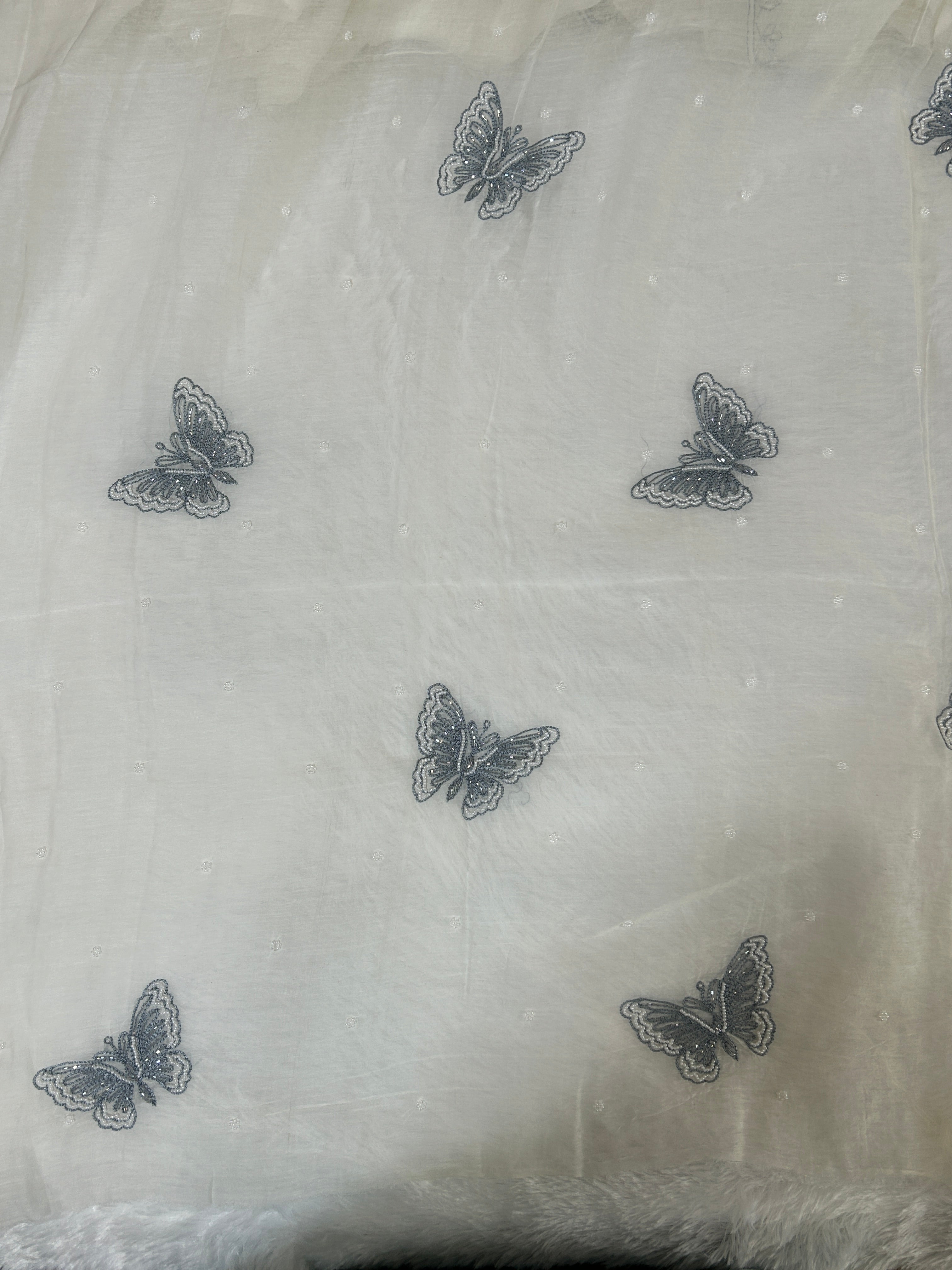White Mul Cotton Hand-Embroidered Butterfly Suit
