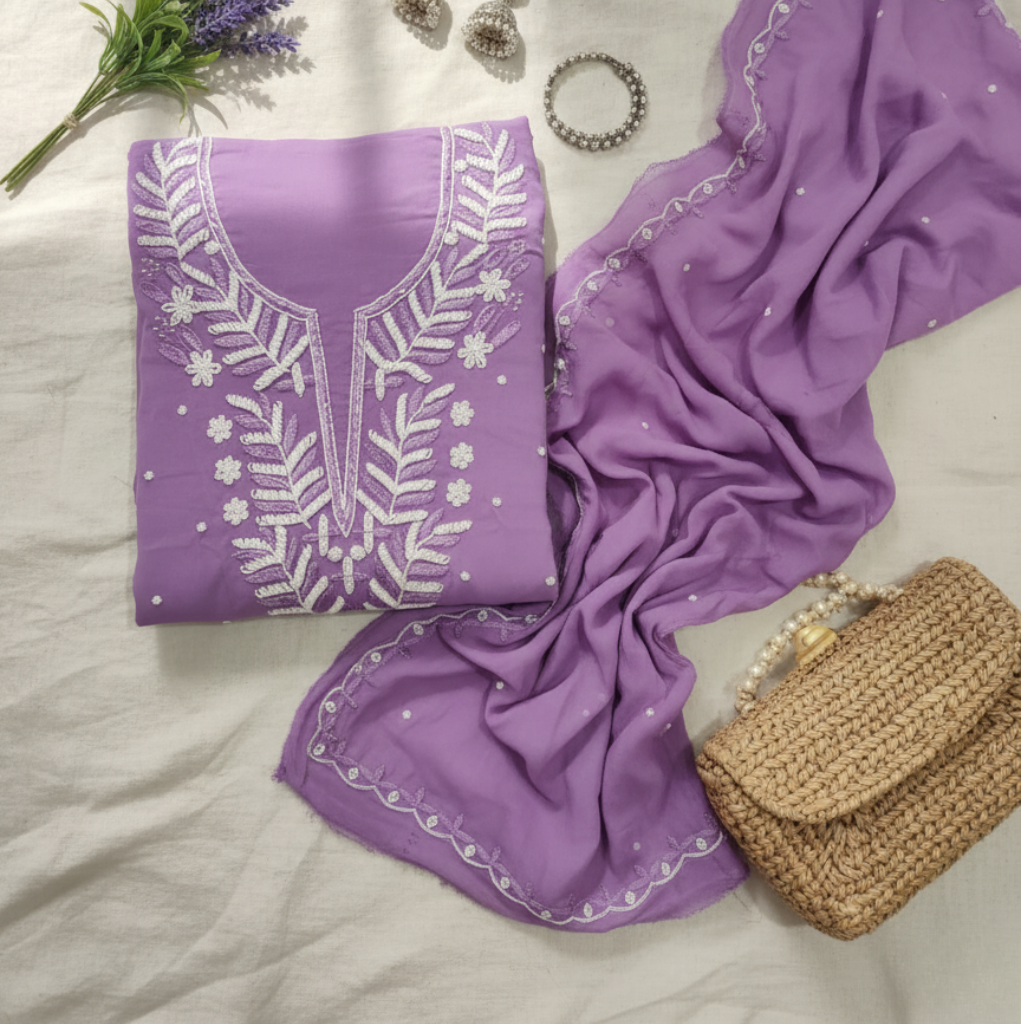 Lavender Viscose Shirt with Thread & Pearl Work with Dupatta