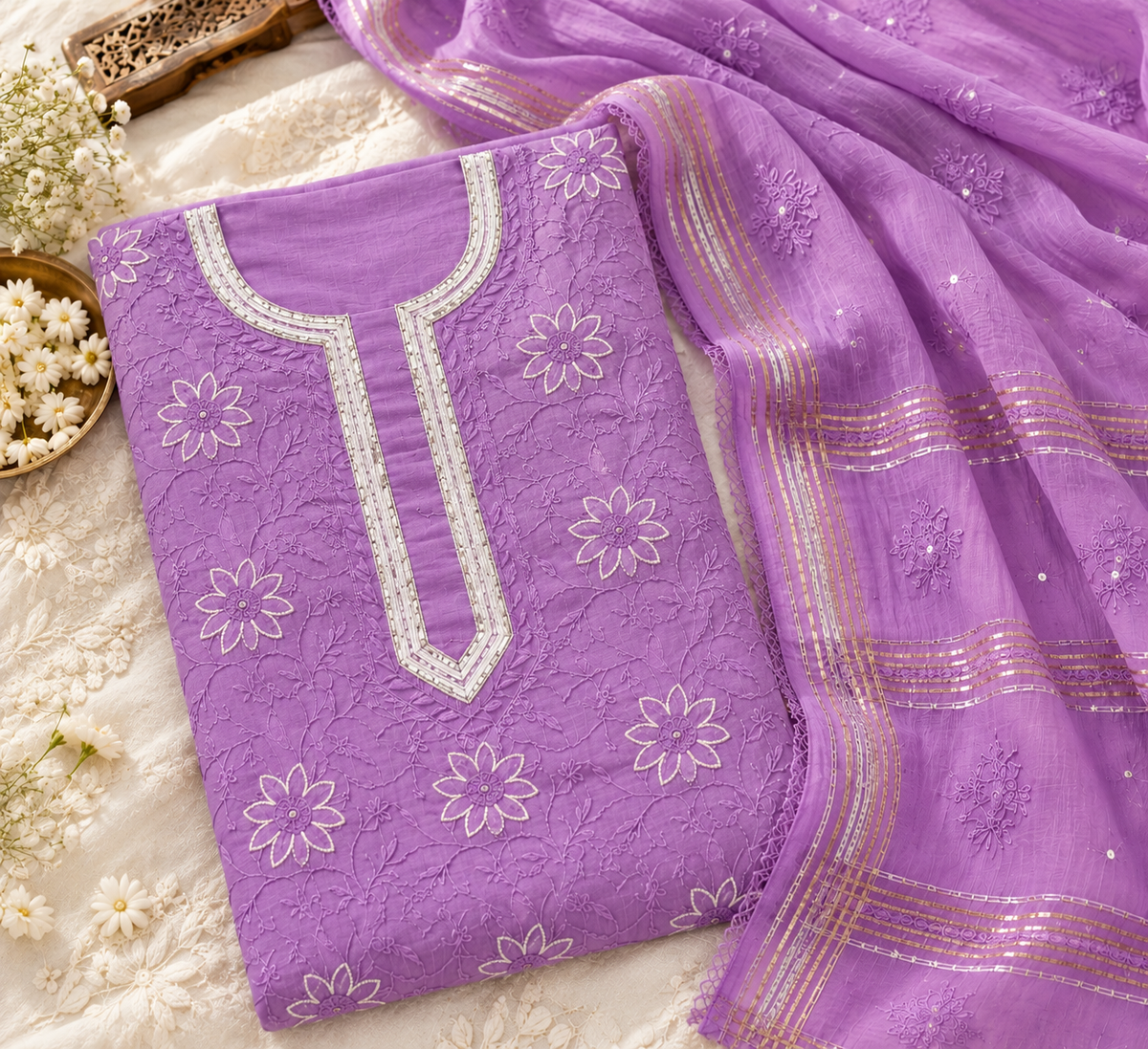 Lavender Bloom Mul Chanderi Chikankari 2-Piece Kurta & Dupatta Set