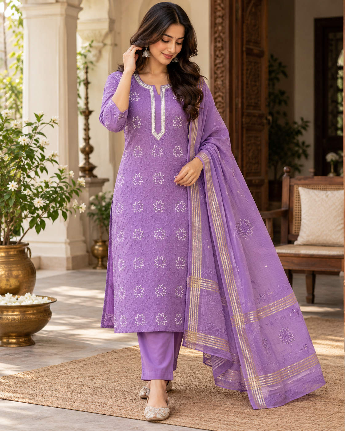 Lavender Bloom Mul Chanderi Chikankari 2-Piece Kurta & Dupatta Set