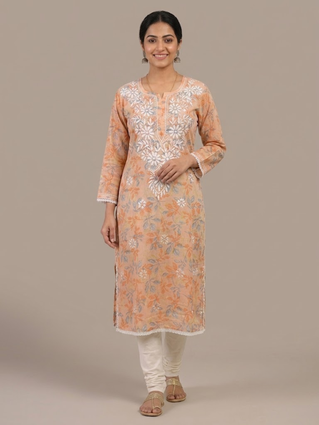 Orange Cotton Lucknowi Chikankari Kurti – Hand Embroidered Floral Straight Kurti