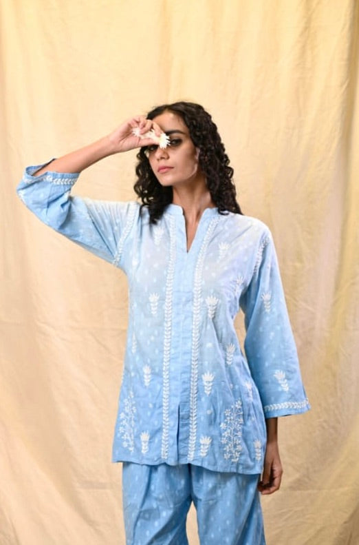 Sky Blue Krishna Boota Co-ord Set – Hand Embroidered Lucknowi Chikankari