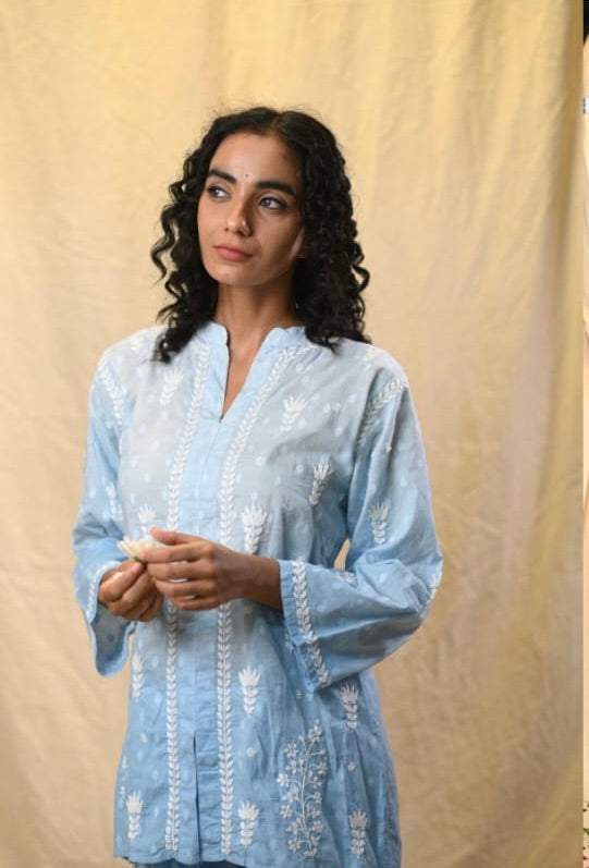 Sky Blue Krishna Boota Co-ord Set – Hand Embroidered Lucknowi Chikankari