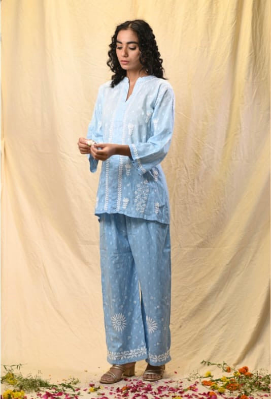 Sky Blue Krishna Boota Co-ord Set – Hand Embroidered Lucknowi Chikankari