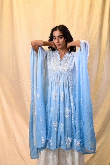 Blue Crepe Chikankari Kaftan – Hand Embroidered Lucknowi Elegance