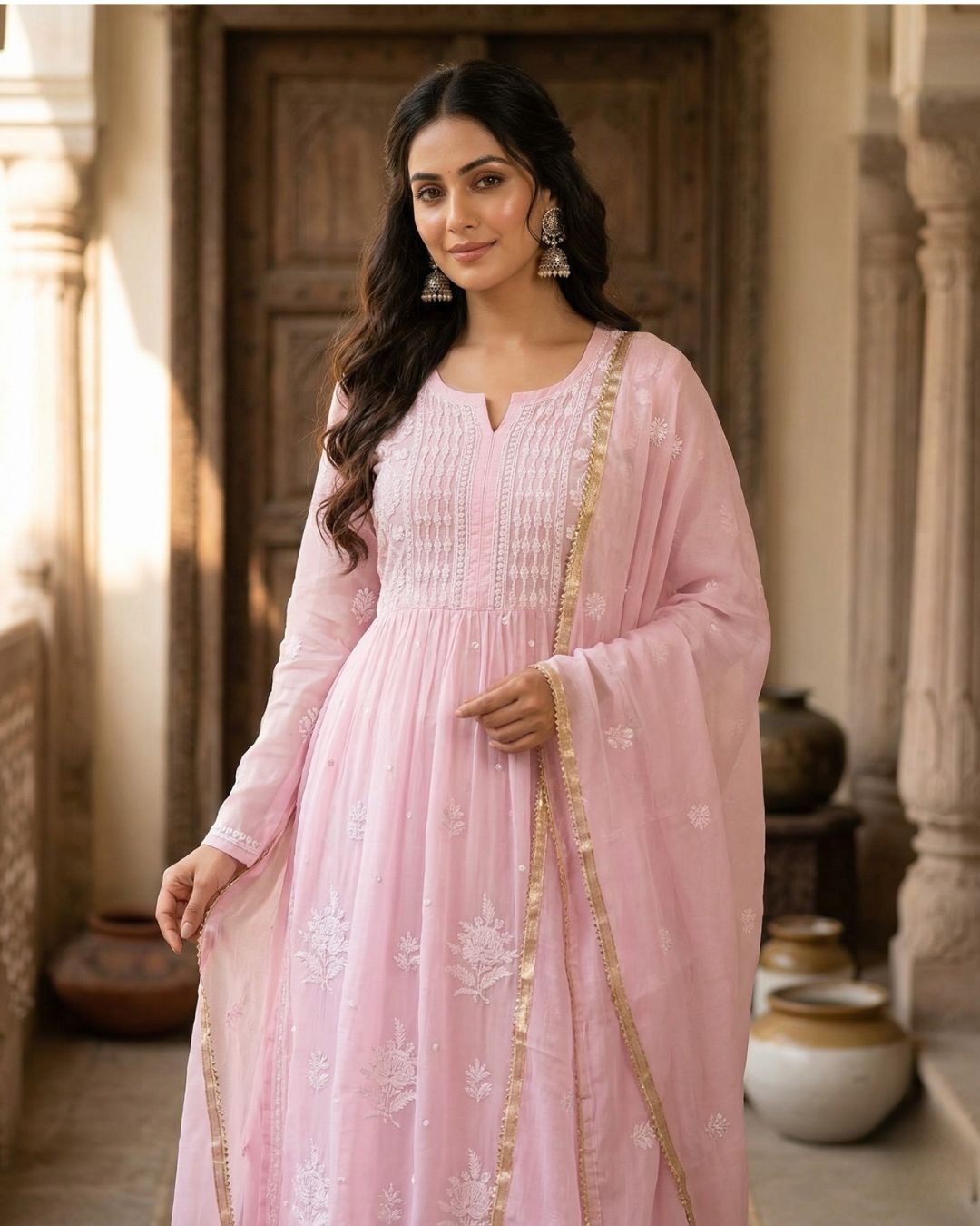 Pink Hand-Embroidered Mul Chanderi Chikankari Semi-Stitched Frock Style Set with Dupatta