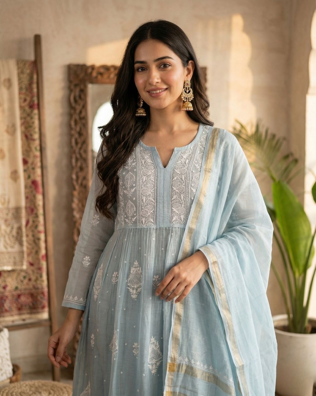 Powder Blue Hand-Embroidered Mul Chanderi Chikankari Semi-Stitched Frock Style Set with Dupatta