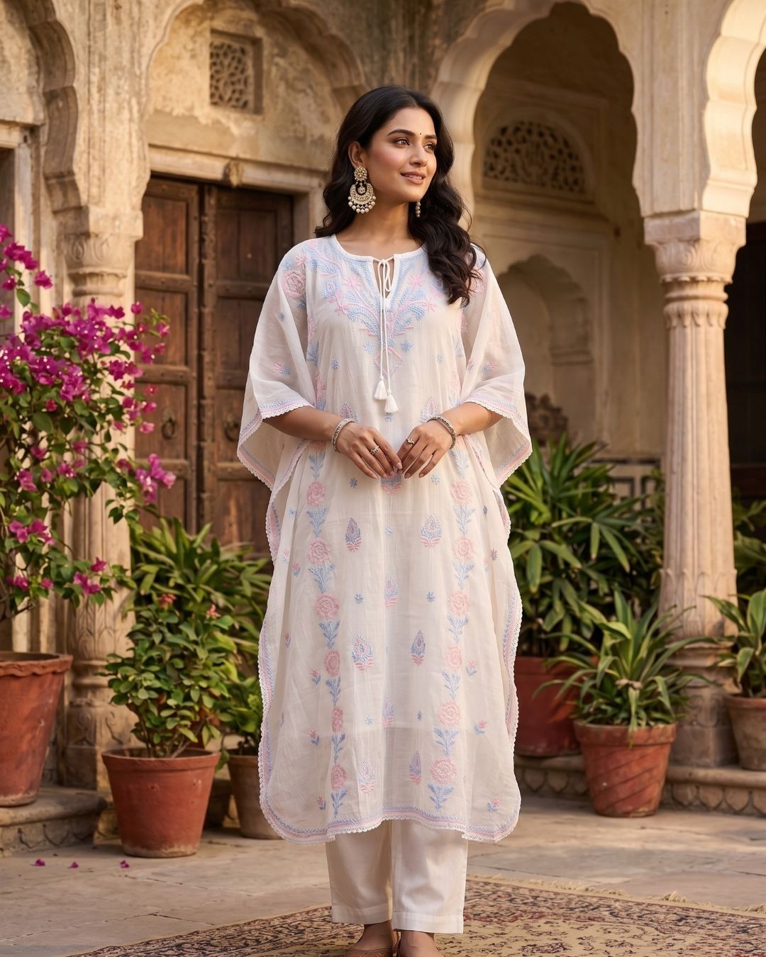 Ivory Pastel Hand-Embroidered Mul Chanderi Chikankari Kaftan