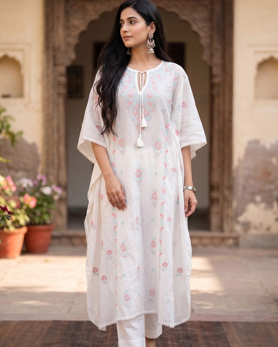 Ivory Pastel Hand-Embroidered Mul Chanderi Chikankari Kaftan