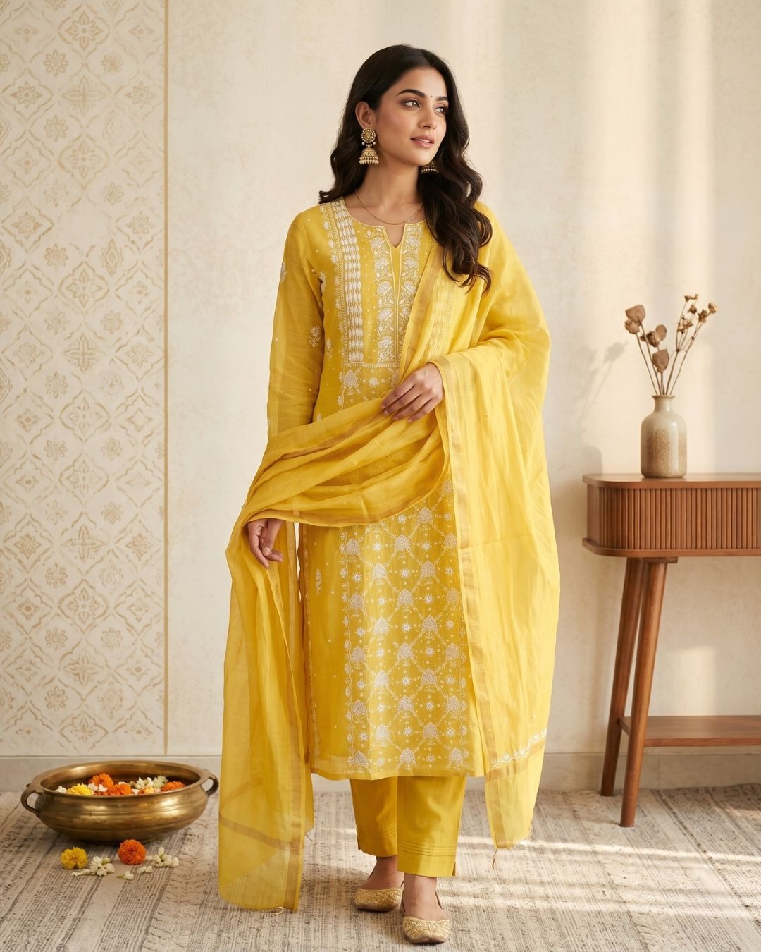 Yellow Hand-Embroidered Mul Cotton Chikankari 2-Piece Suit (Kurta + Dupatta)