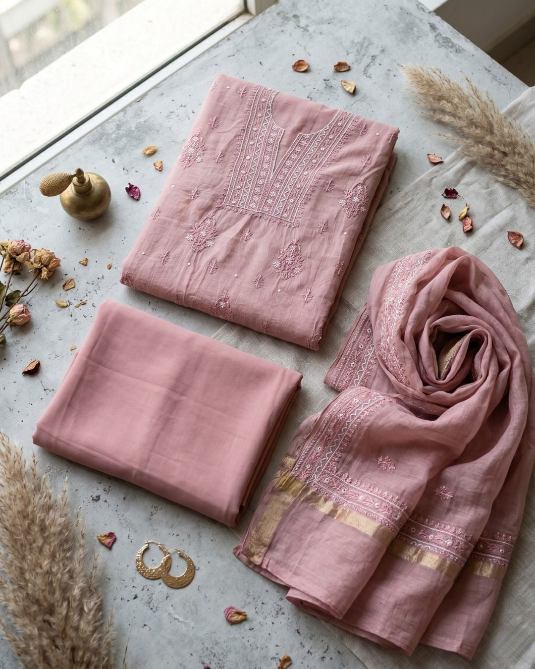 Blush Pink Hand-Embroidered Mul Cotton Chikankari Suit Set with Dupatta