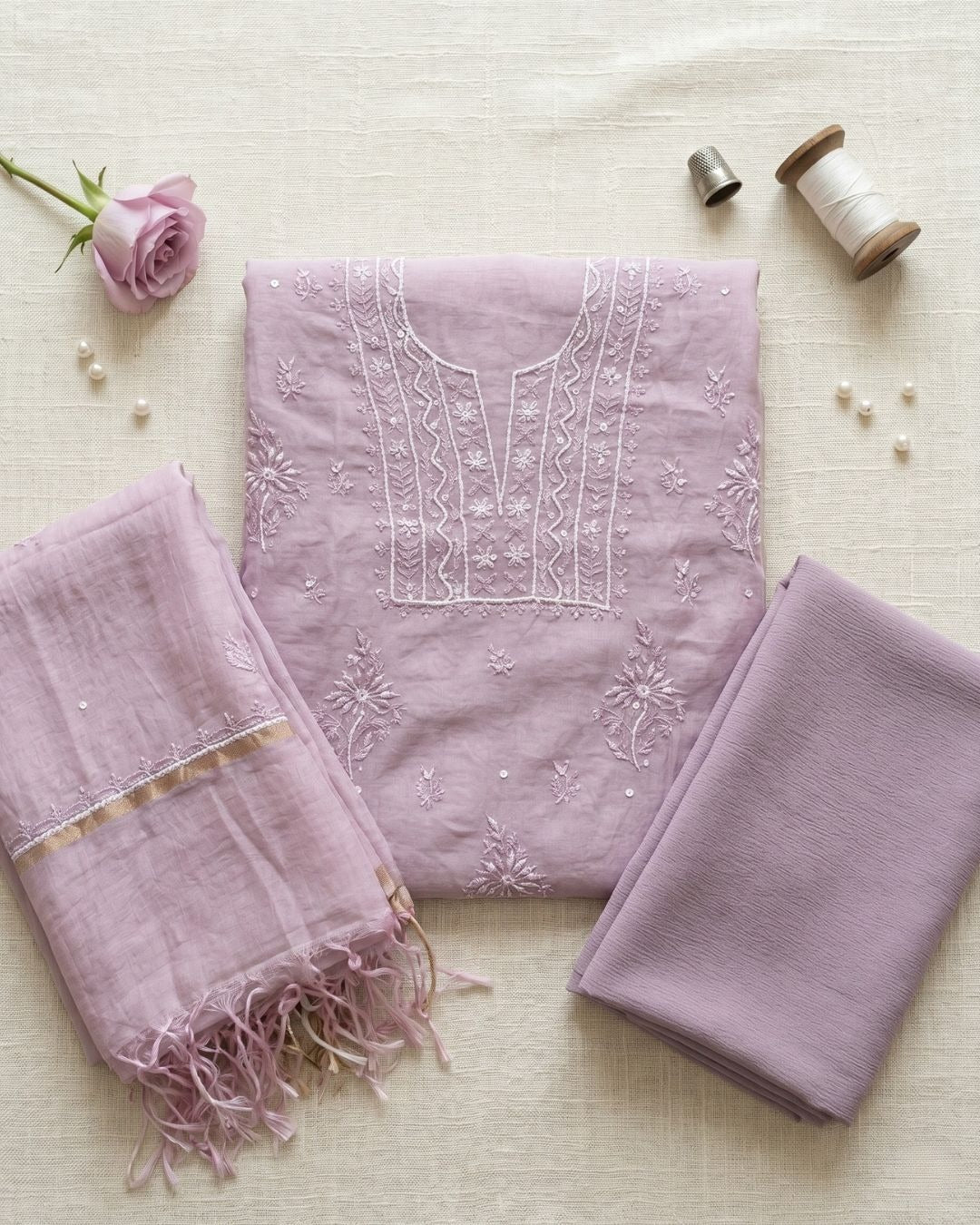 Lilac Hand-Embroidered Mul Cotton Chikankari Suit Set with Zari Dupatta