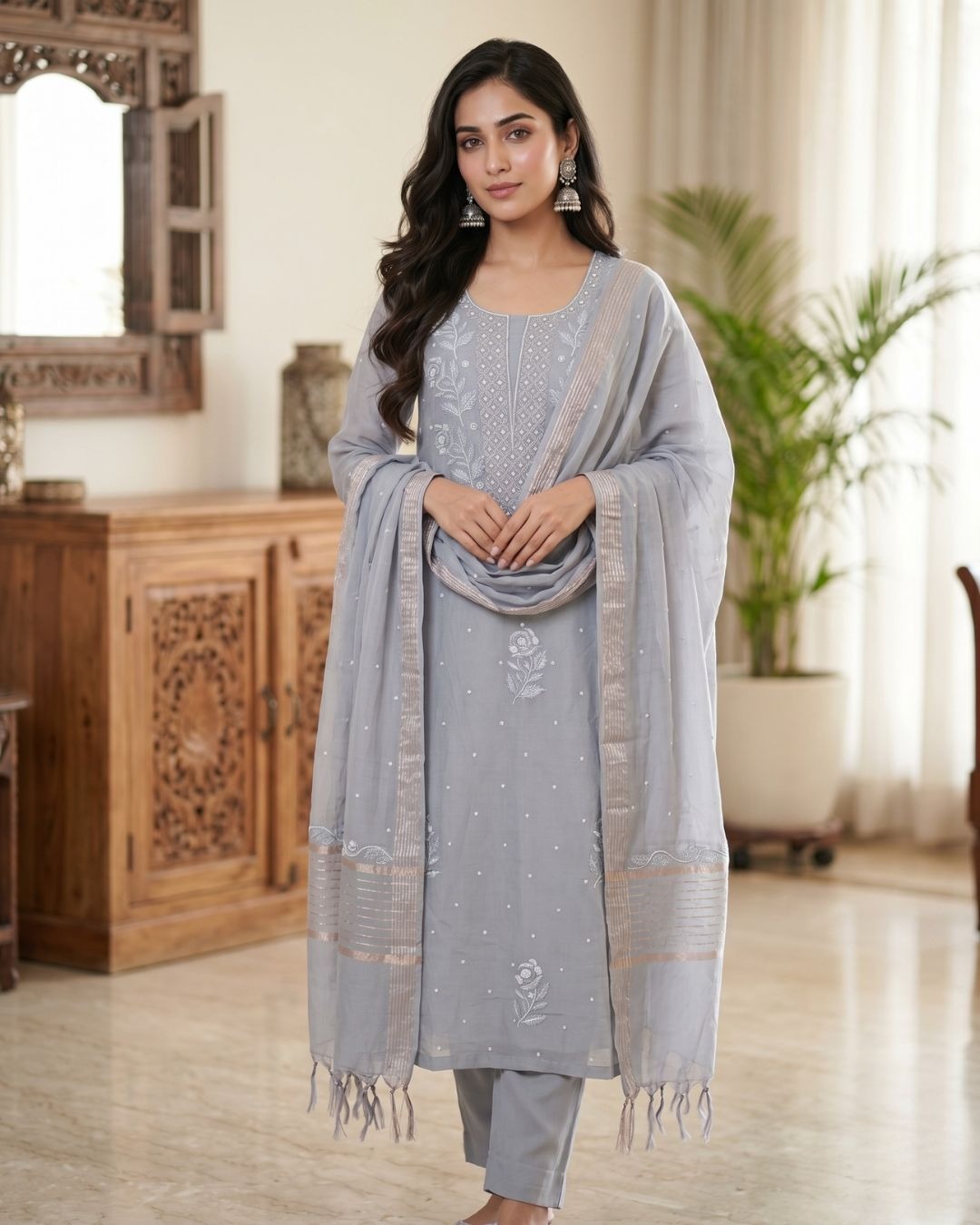 Ash Grey Hand-Embroidered Mul Cotton Chikankari Suit Set with Zari Dupatta