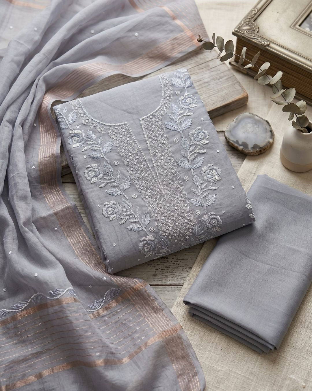 Ash Grey Hand-Embroidered Mul Cotton Chikankari Suit Set with Zari Dupatta