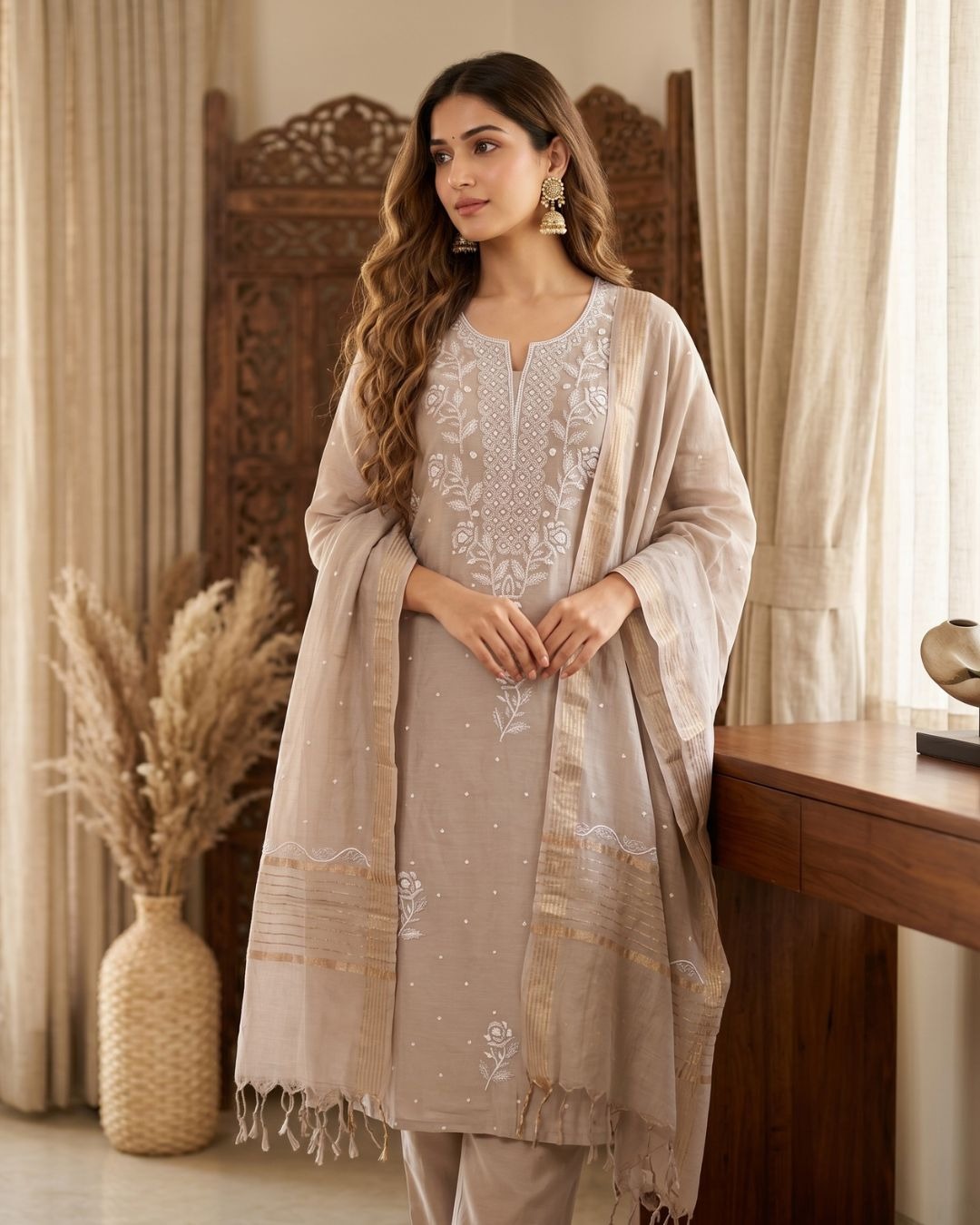 Beige Hand-Embroidered Mul Cotton Chikankari Suit Set with Dupatta