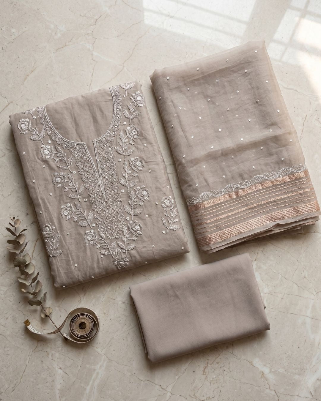Beige Hand-Embroidered Mul Cotton Chikankari Suit Set with Dupatta