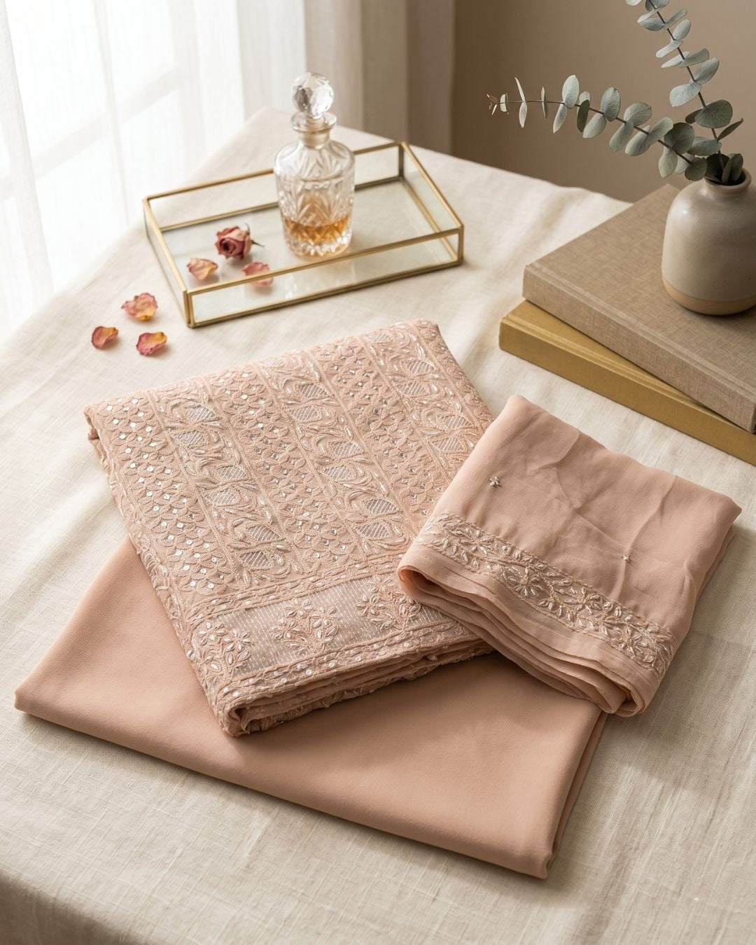 Beige Hand-Embroidered Viscose Chikankari Suit Set with Dupatta