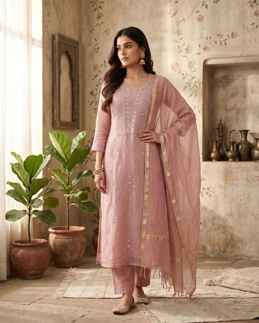 Blush Pink Hand-Embroidered Mul Cotton Chikankari Suit Set with Dupatta