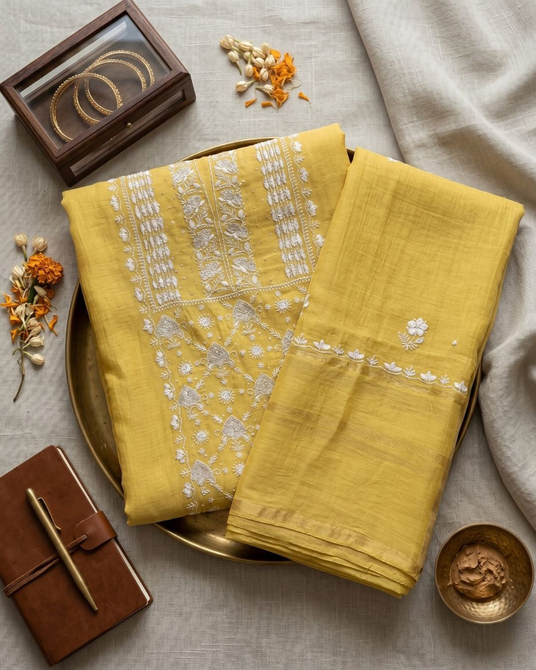 Yellow Hand-Embroidered Mul Cotton Chikankari 2-Piece Suit (Kurta + Dupatta)