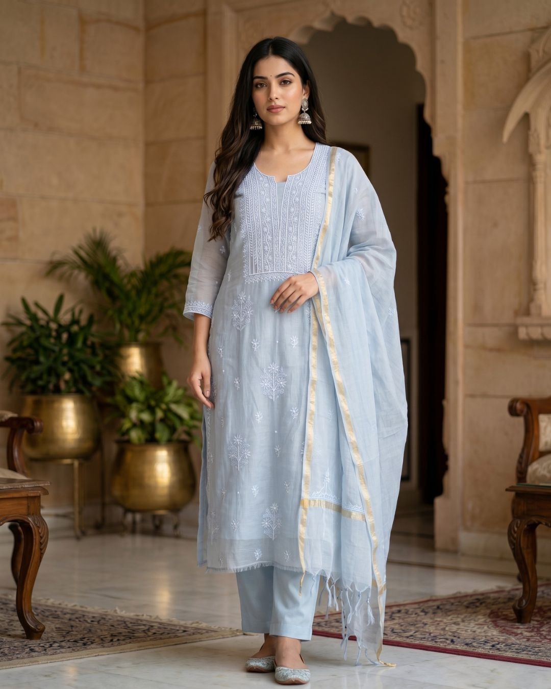 Powder Blue Hand-Embroidered Mul Cotton Chikankari Suit Set with Zari Dupatta