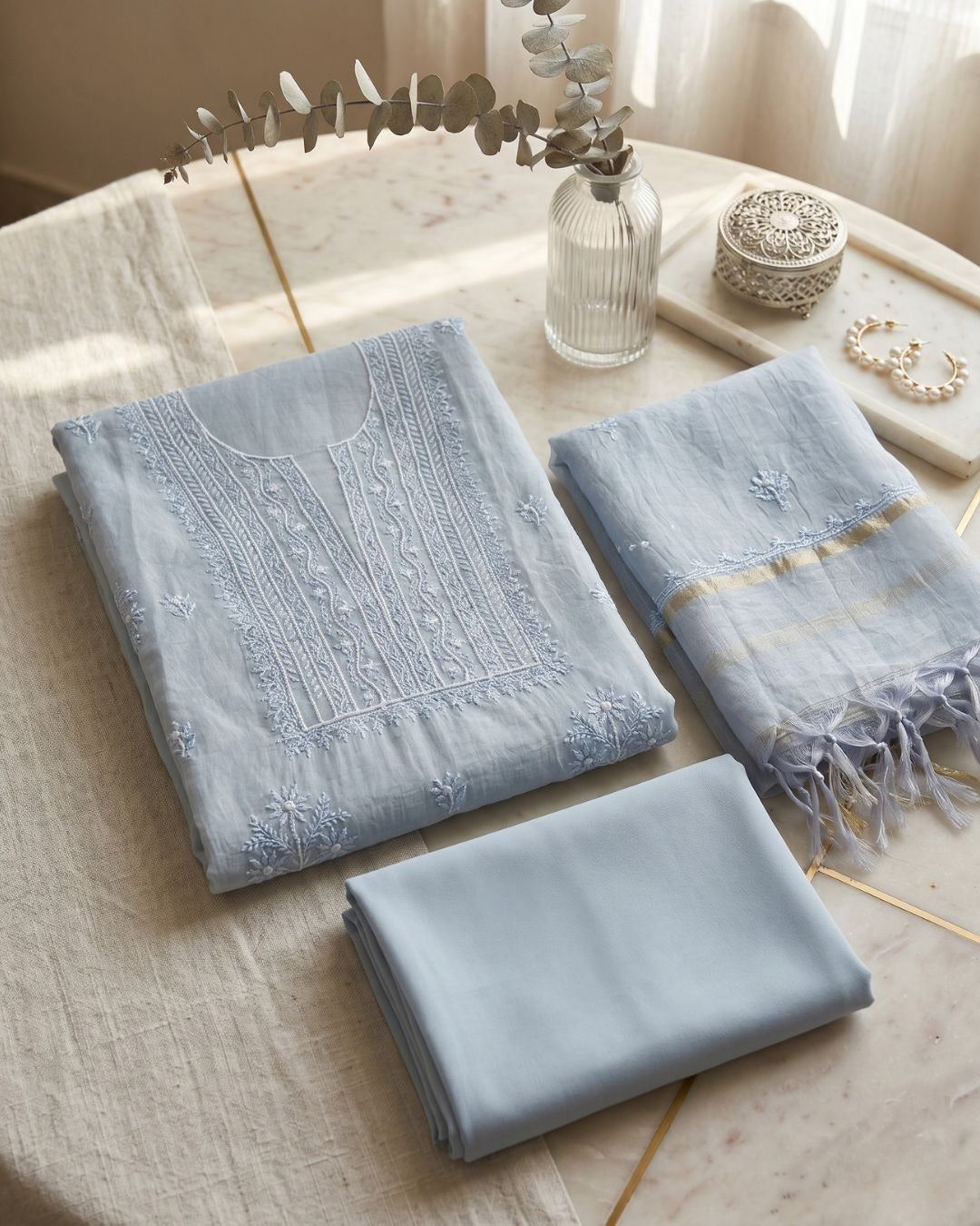 Powder Blue Hand-Embroidered Mul Cotton Chikankari Suit Set with Zari Dupatta