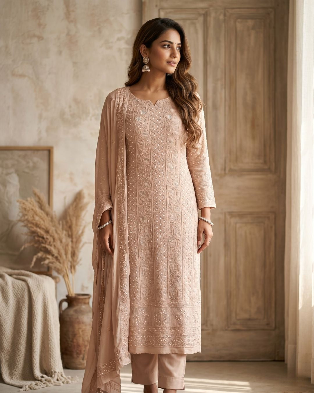 Beige Hand-Embroidered Viscose Chikankari Suit Set with Dupatta