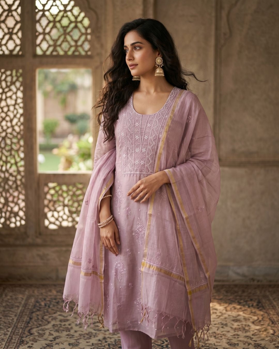 Lilac Hand-Embroidered Mul Cotton Chikankari Suit Set with Zari Dupatta