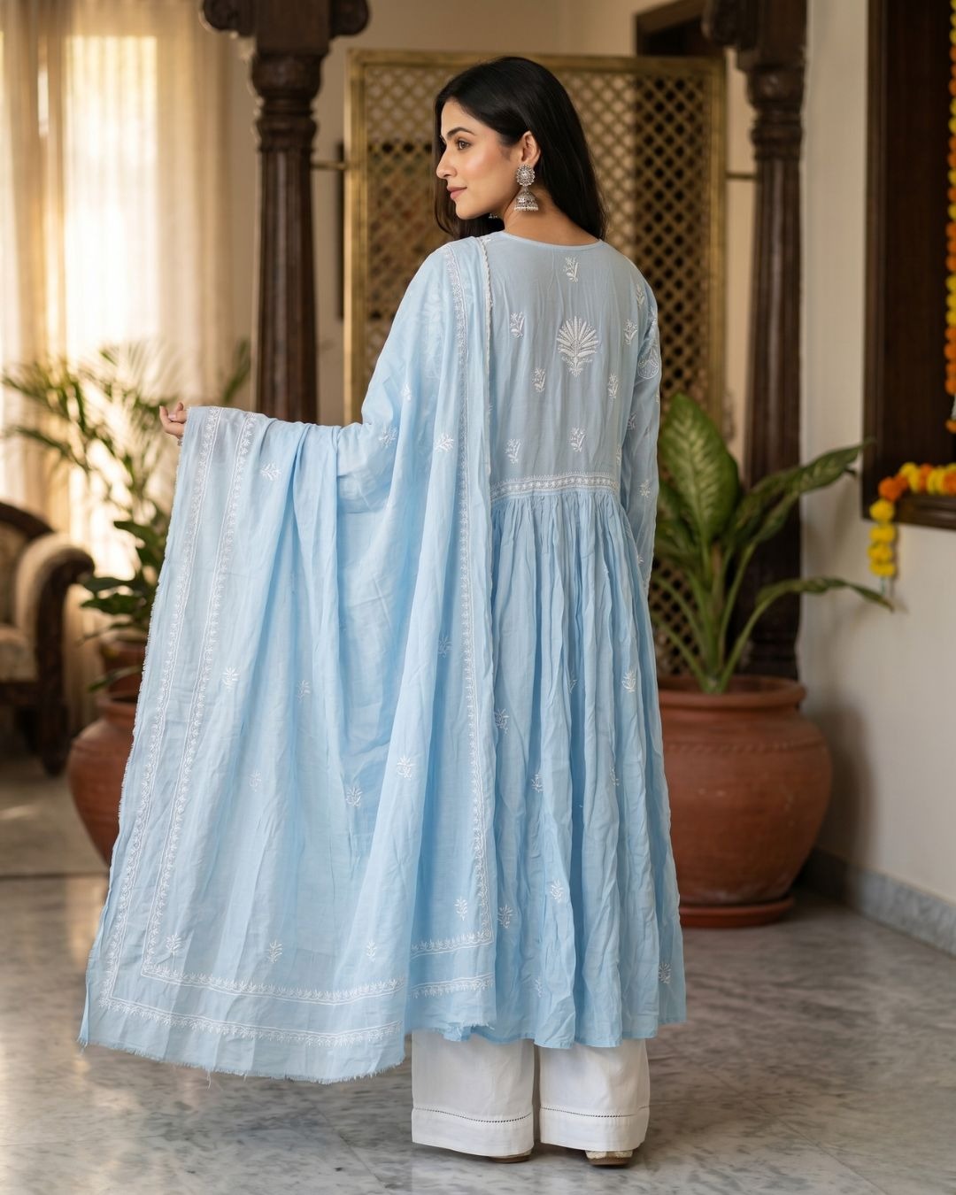 Powder Blue Hand-Embroidered Muslin Chikankari Semi-Stitched Frock Style Set with Dupatta