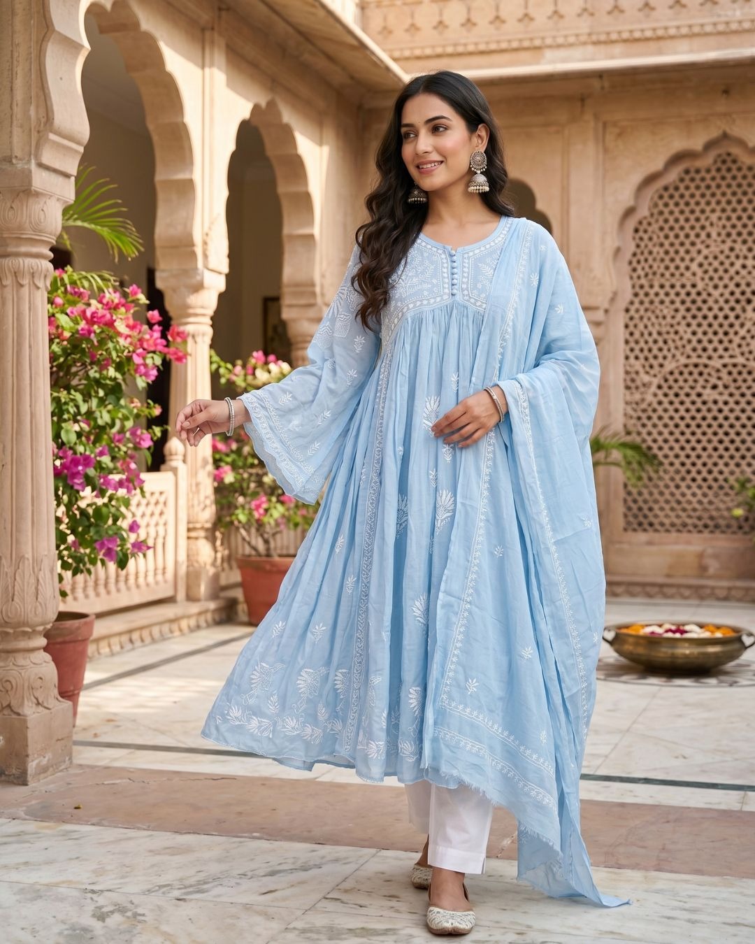Powder Blue Hand-Embroidered Muslin Chikankari Semi-Stitched Frock Style Set with Dupatta