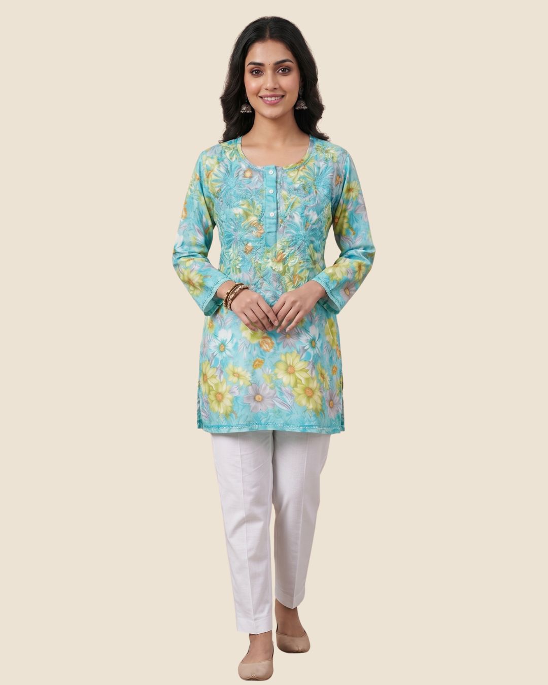 Aqua Blossom Crepe Short Kurta