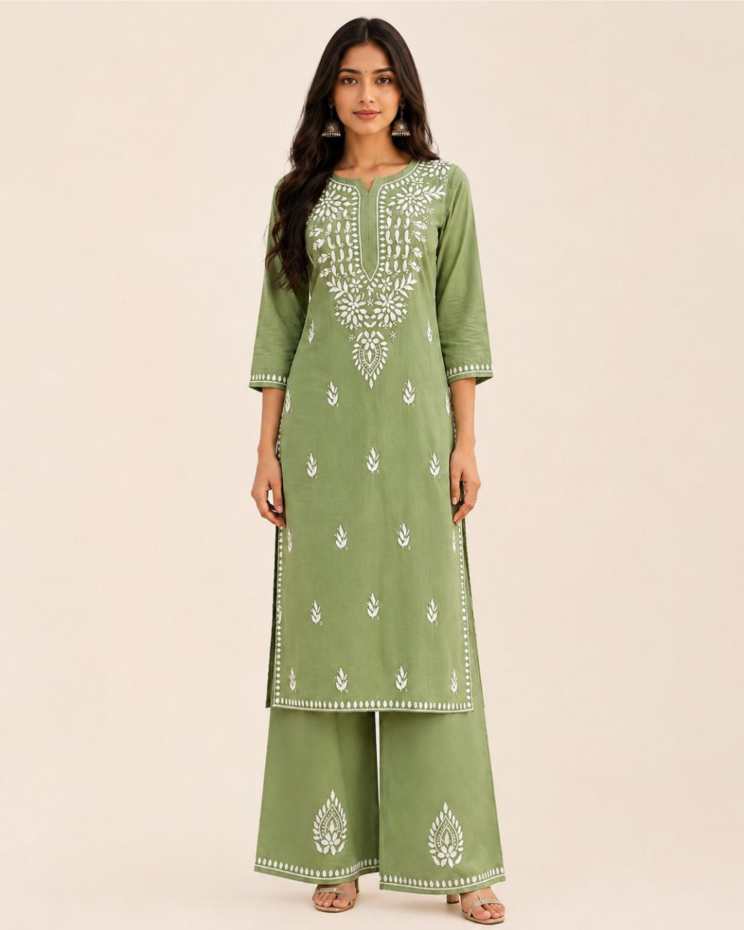 Sage Green Lucknowi Chikankari Modal Kurta Plazzo Set