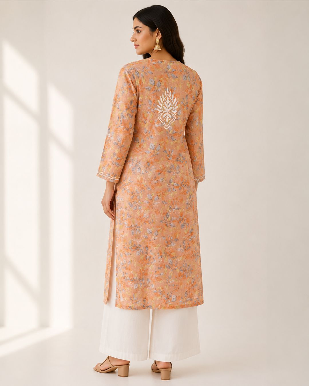 Orange Cotton Lucknowi Chikankari Kurti – Hand Embroidered Floral Straight Kurti