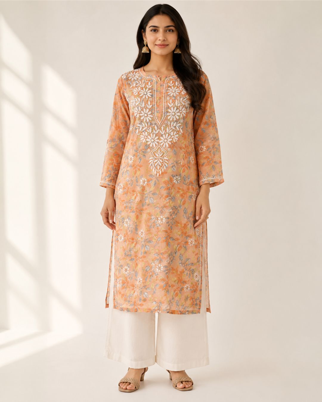 Orange Cotton Lucknowi Chikankari Kurti – Hand Embroidered Floral Straight Kurti