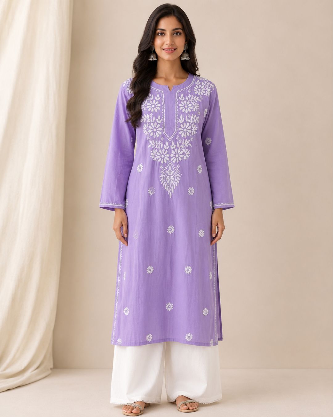 Lavender Modal Long Chikankari Kurti with White Hand Embroidery