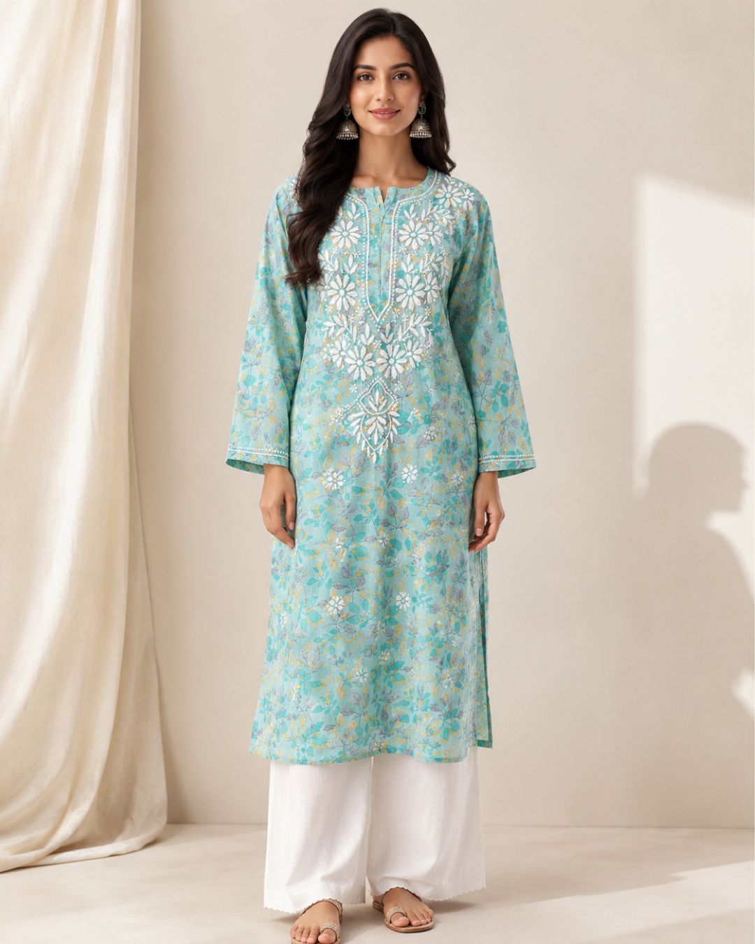 Turquoise Cotton Lucknowi Chikankari Kurti – Hand Embroidered Floral Work