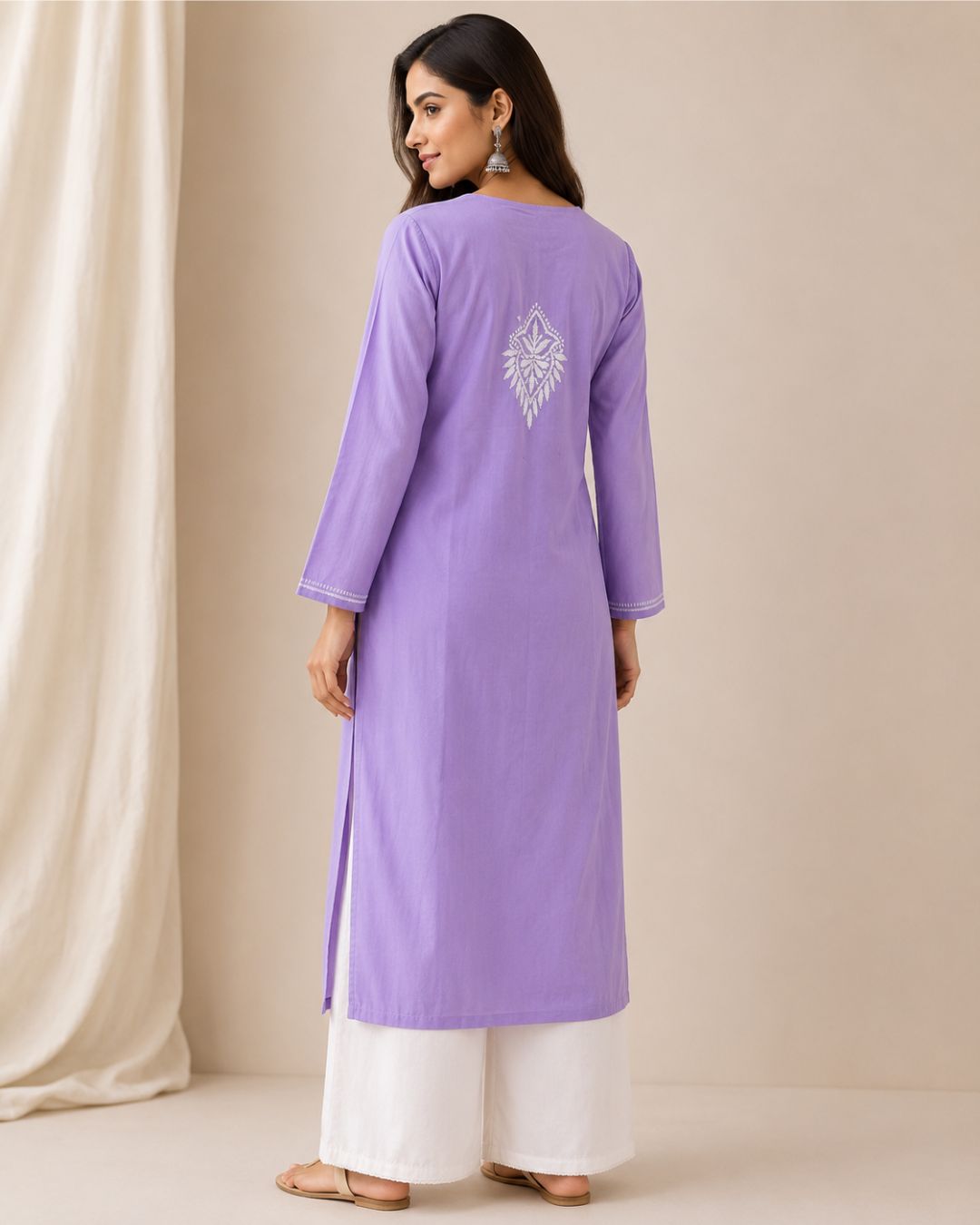 Lavender Modal Long Chikankari Kurti with White Hand Embroidery