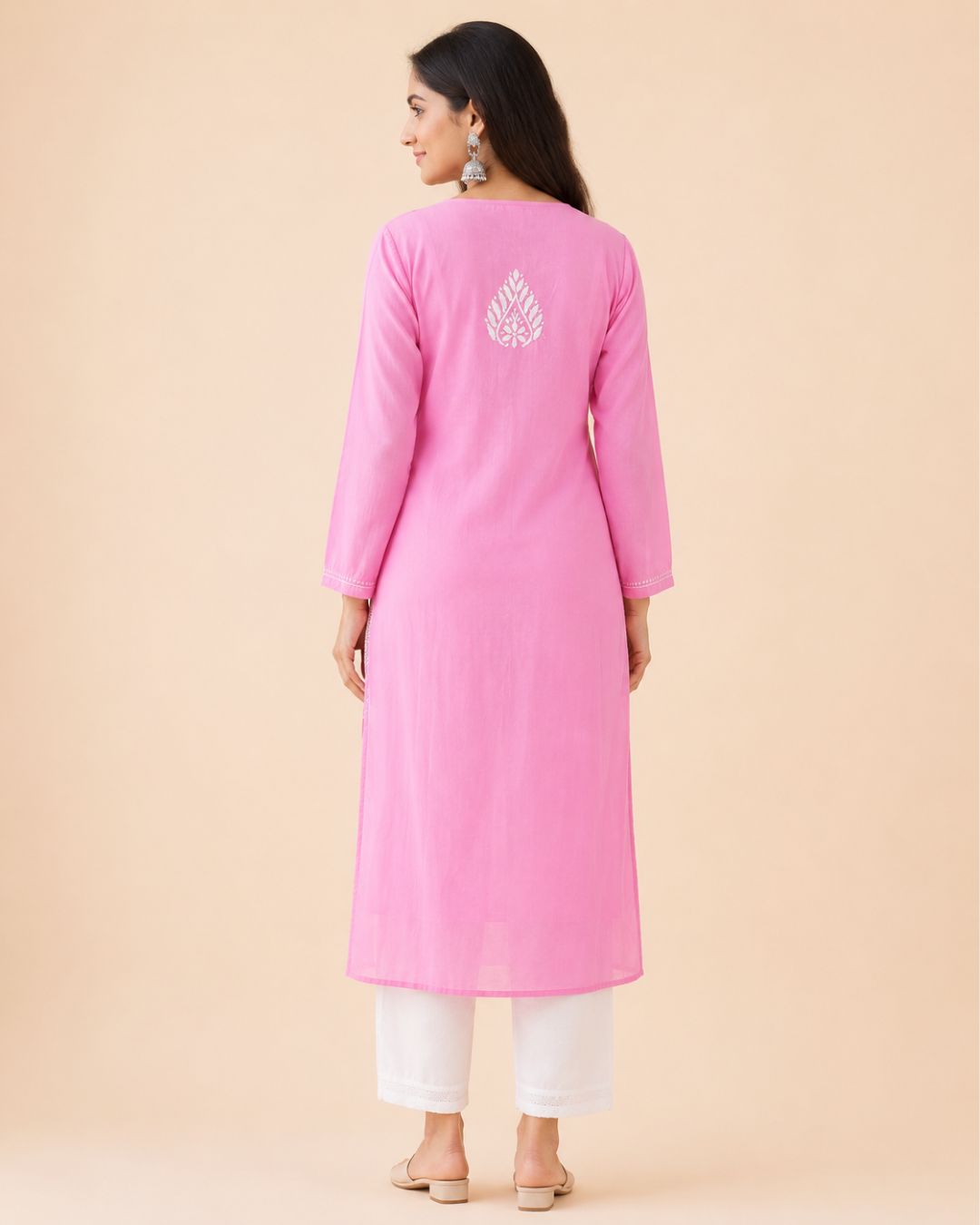 Pink Rayon Long Chikankari Kurti with White Hand Embroidery