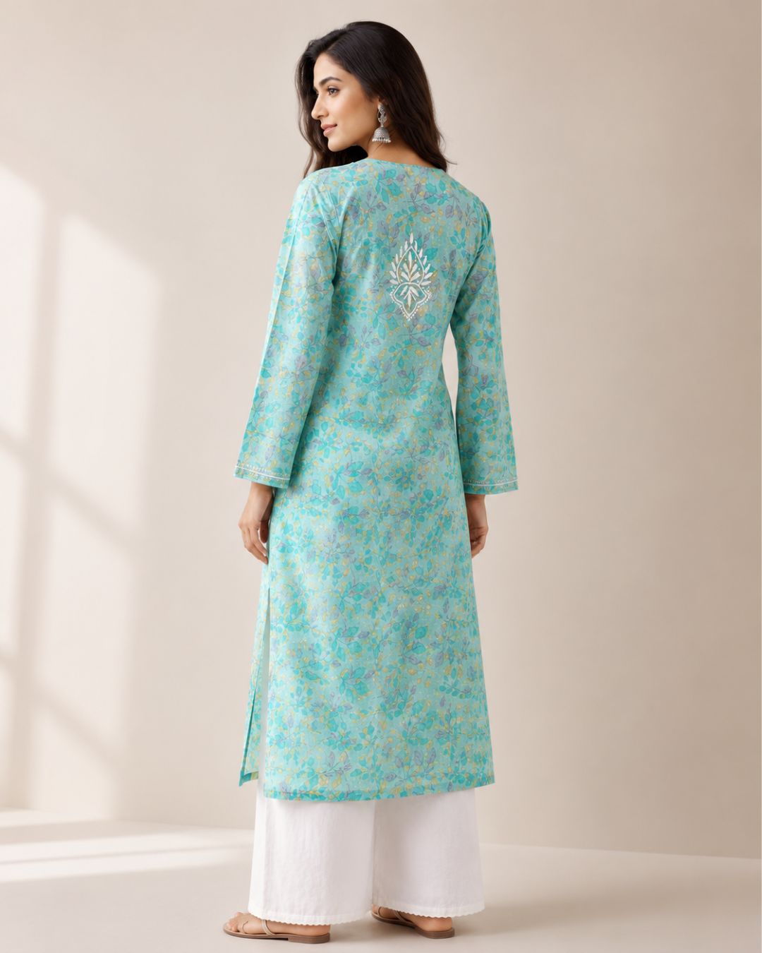 Turquoise Cotton Lucknowi Chikankari Kurti – Hand Embroidered Floral Work