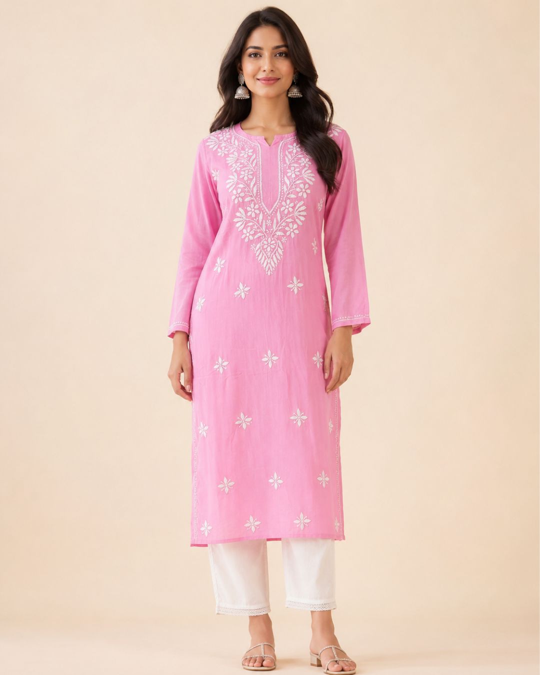 Pink Rayon Long Chikankari Kurti with White Hand Embroidery