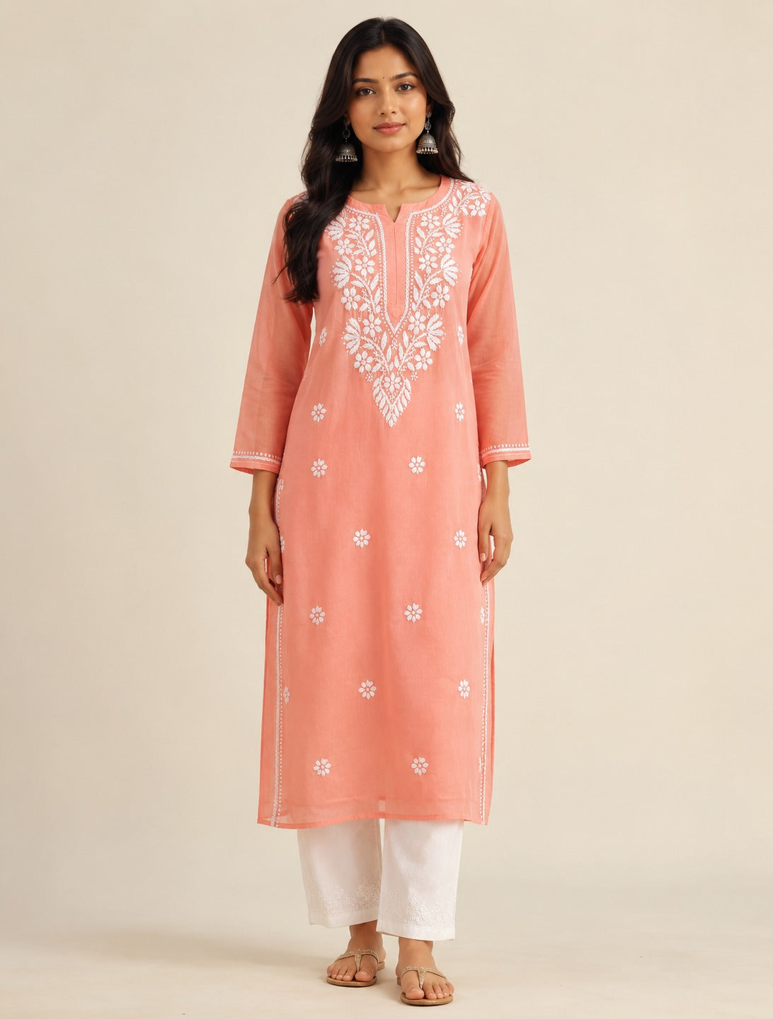 Peach Rayon Long Chikankari Kurti with White Hand Embroidery