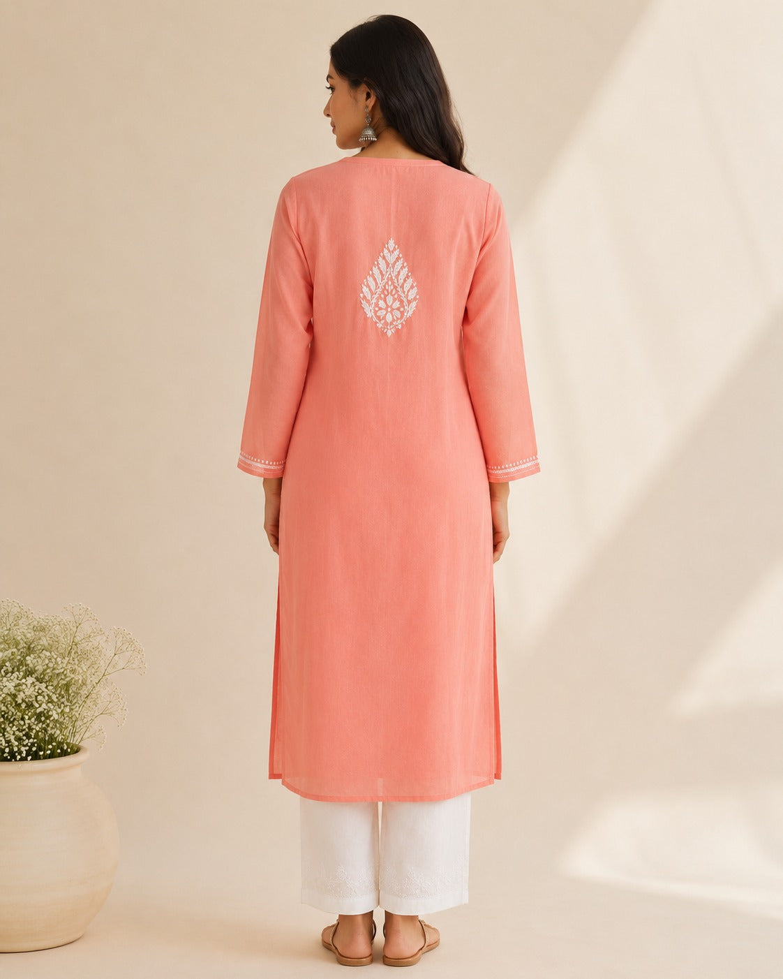 Peach Rayon Long Chikankari Kurti with White Hand Embroidery