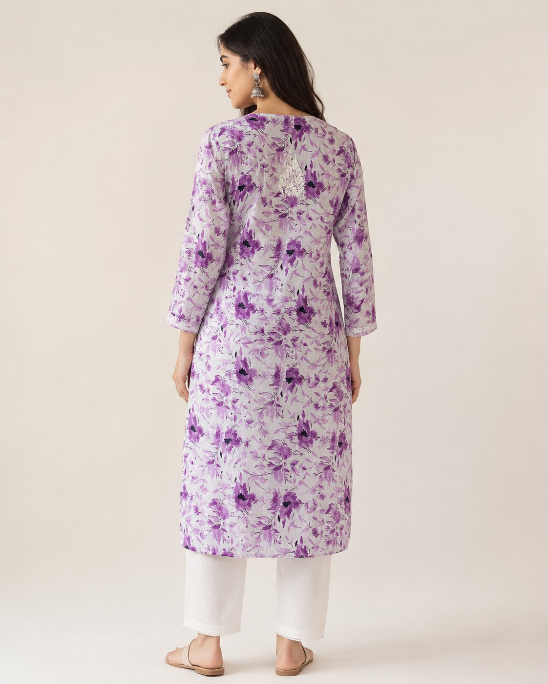 Lavender Floral Printed Cotton Kurti with Lucknowi Chikankari Embroidery