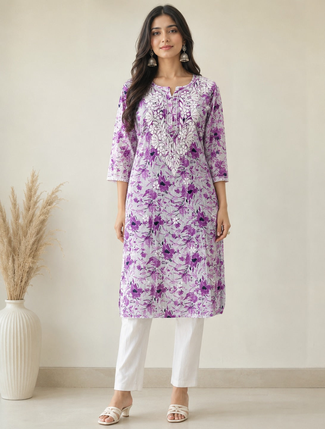 Lavender Floral Printed Cotton Kurti with Lucknowi Chikankari Embroidery