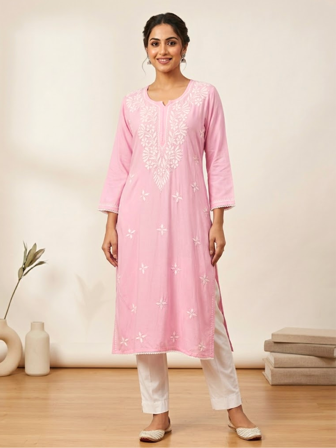 Pink Rayon Long Chikankari Kurti with White Hand Embroidery